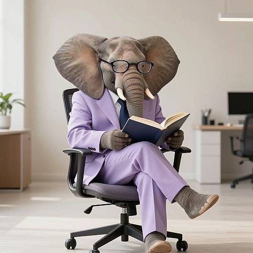 Photograph of an anthropomorphic elephant in a lavender suit, black glasses, and gray socks, reading a book in a modern, bright office.