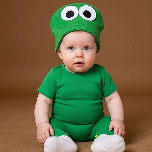 Photograph of a baby with blue eyes, wearing a green Mario hat with large white eyes, green onesie, and white socks, sitting on a