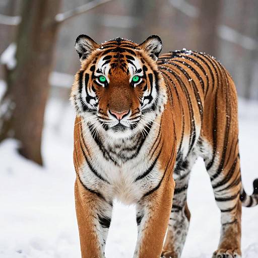 Photograph of a fierce, orange-and-black striped Bengal tiger with piercing green eyes standing in a snowy forest, looking directly at the camera.