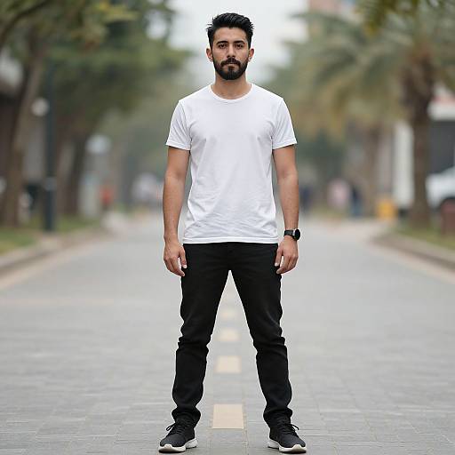 Photograph of a bearded man with short black hair, wearing a white t-shirt, black pants, and black shoes, standing on a blurred,