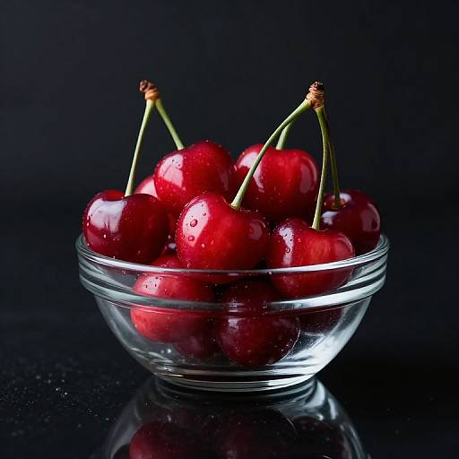 Photograph of a clear glass bowl filled with fresh, glossy red cherries with droplets, set against a dark black background.