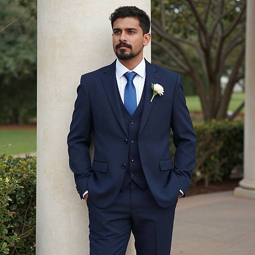 Photograph of a bearded man in a dark navy suit with a white rose boutonniere, blue tie, and hands in pockets, standing