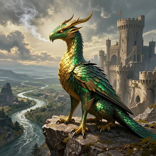 Digital fantasy artwork of a green and gold dragon with scales and horns, sitting on a cliff, overlooking a castle and winding river.