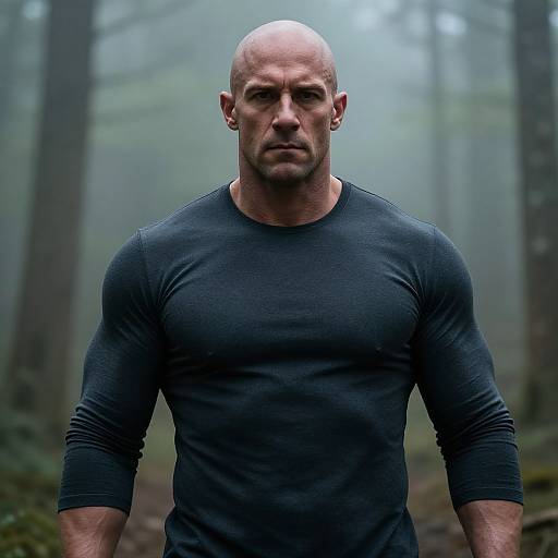 Muscular Bald Man in Misty Forest