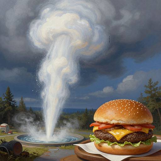 Digital artwork: Juicy burger with cheese, lettuce, and tomato beside a steaming geothermal geyser in a forest clearing. Dark, dramatic
