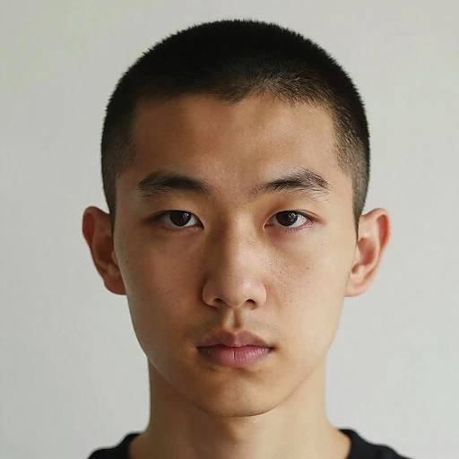 Photograph of a young Asian man with short black hair, fair skin, and neutral expression, wearing a black shirt, against a plain white background.