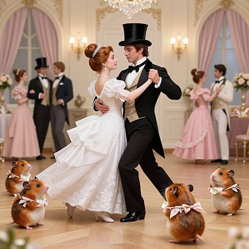 Photograph of a dancing bride and groom in formal attire, surrounded by bow-tied hamsters, in an elegant, chandelier-lit ballroom