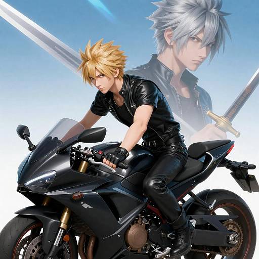 Anime Characters on Motorcycle with Sword