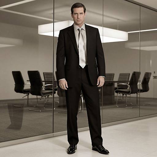 Photograph of a serious-looking man in a black suit, white shirt, and silver tie standing in a modern, glass-walled office with reflected chairs
