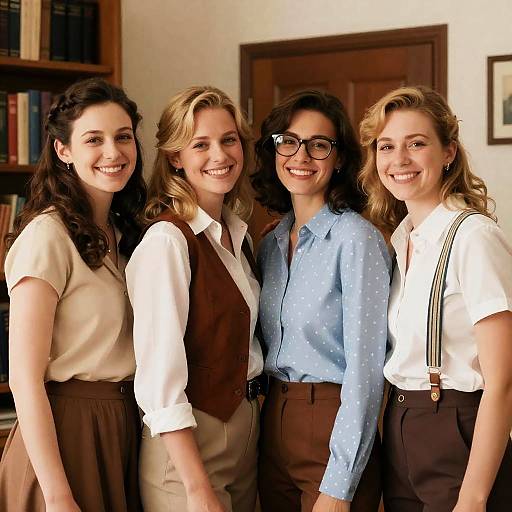 Four Smiling Women in Retro Casual Attire Indoors
