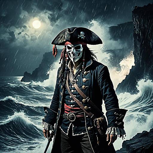 Masked Pirate in Stormy Sea Cliff