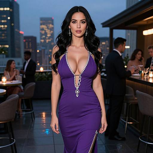 Photograph of a confident woman with long black hair, wearing a deep V-neck purple dress with silver accents, walking on a rooftop restaurant at dusk,