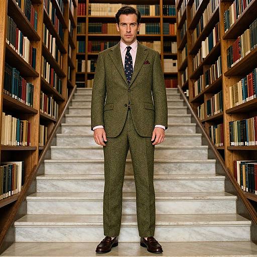 Photograph of a serious, dark-haired man in a green tweed suit, white shirt, and black tie, standing on marble stairs between two book