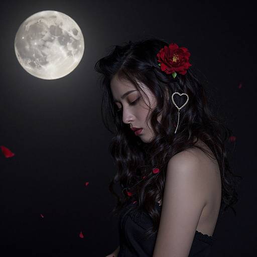 Photograph of a fair-skinned woman with long, wavy black hair, wearing a black lace dress and heart-shaped earring, against a dark