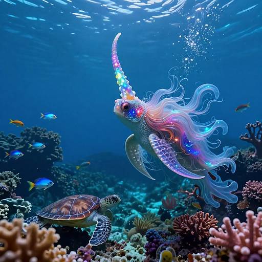 Photograph of a vibrant, iridescent sea turtle with flowing, rainbow-colored tentacles swimming amid a colorful coral reef, surrounded by small fish and