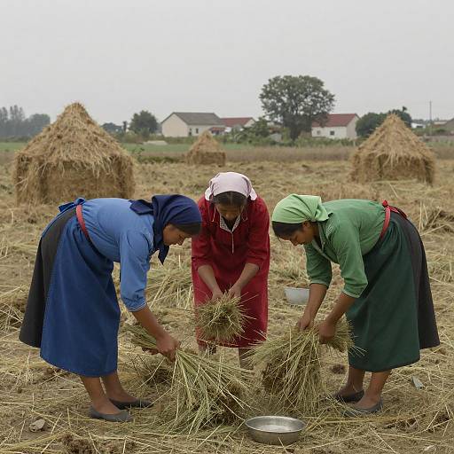 Women Gathering Hay in Rural Landscape