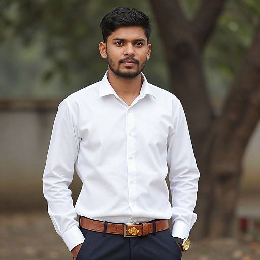 Photograph of a handsome, dark-haired Indian man with a trimmed beard, wearing a white button-up shirt and black pants, standing outdoors with trees in