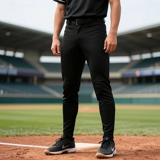 Photograph of a person's lower body in black pants and shoes, standing on a baseball field with stadium seating blurred in the background.