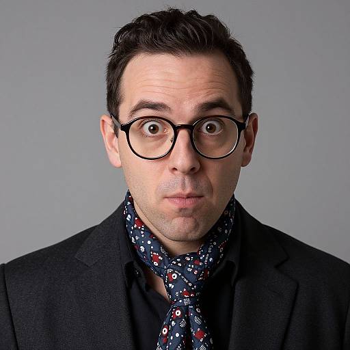 Photograph of a surprised-looking man with short dark hair, black-rimmed glasses, black suit, and patterned navy tie against a gray background