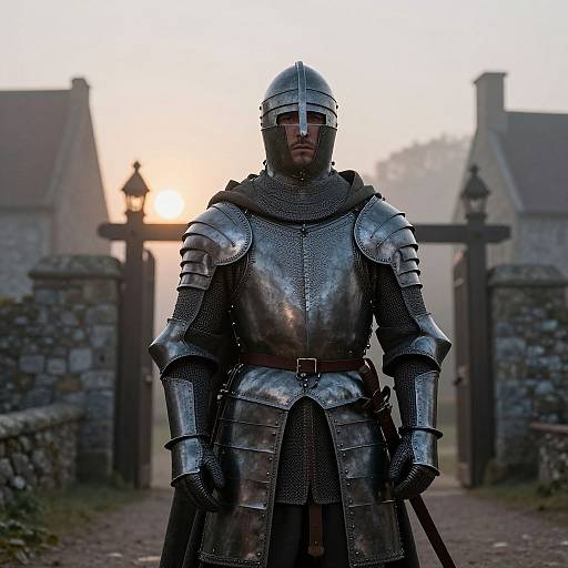 Photograph of a medieval knight in full steel armor with a visor, standing in a stone-walled courtyard at sunset.