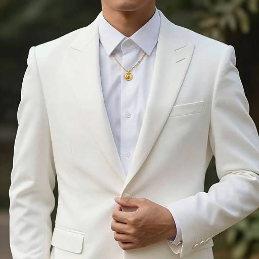 Photograph of a man in a crisp white suit with a gold pendant, white shirt, and his hand adjusting his jacket. Background is dark green foliage