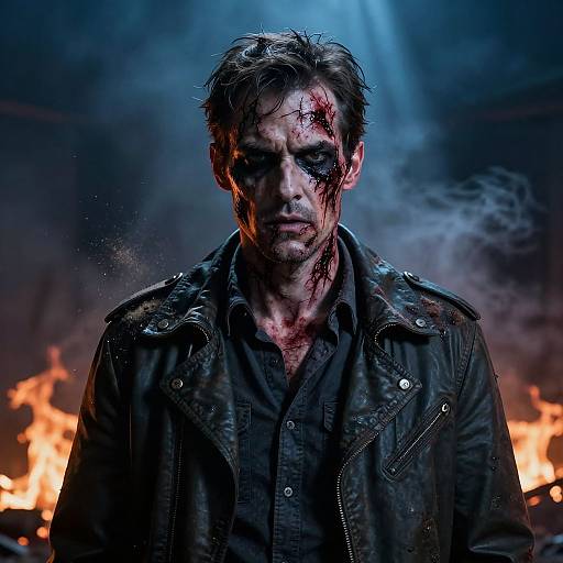 Photograph of a bloodied, disheveled man with dark hair, wearing a black leather jacket, standing against a backdrop of flames and smoke.