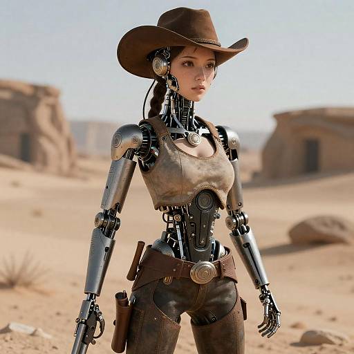 Delicate Mechanical Cowgirl in Desert Wasteland