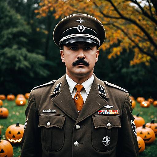 Man in Historical Military Uniform with Halloween Pumpkins