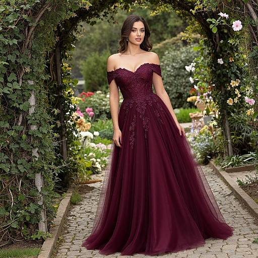 Photograph of a dark-haired woman in an off-shoulder, deep purple, lace-embellished gown, standing in a lush garden arch