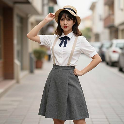 Photograph of an Asian woman with straight black hair, wearing a straw hat, white blouse with navy ribbon, and gray A-line skirt, standing on