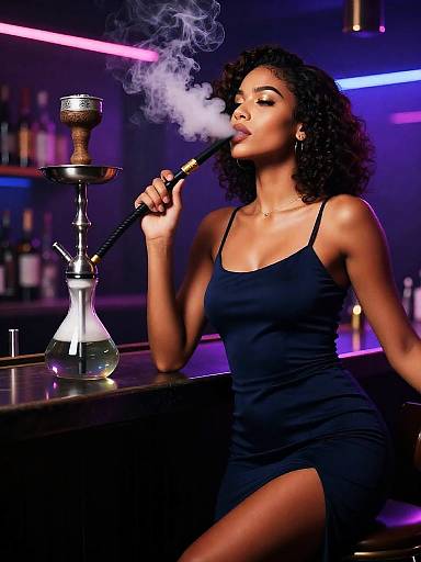 Glamorous Woman Smoking Shisha in Neon-Lit Bar