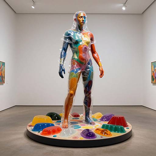 Photograph of a nude, black woman mannequin with multicolored paint splatters, wrapped in clear plastic, standing on a round platform with