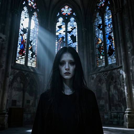 Photorealistic digital artwork of a pale, sorrowful young woman with long black hair, wearing a dark dress, standing in a dimly lit go