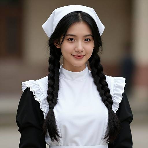 Photograph of an Asian girl with long black braids, wearing a white maid headdress and black and white maid outfit, smiling softly. Blurred