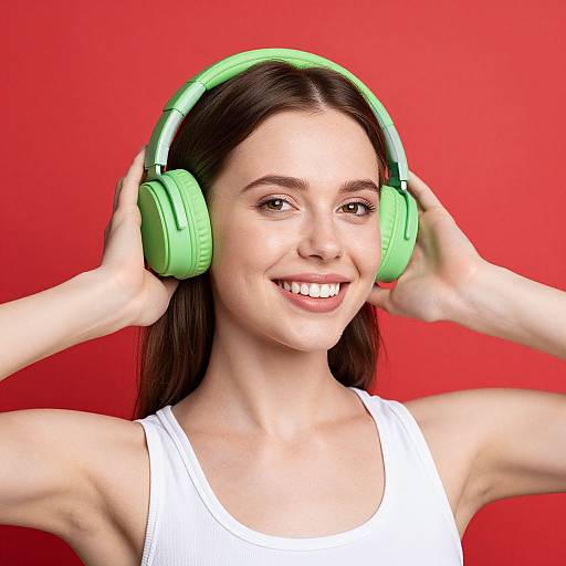 Photograph of a smiling young woman with light skin, dark brown hair, wearing a white tank top, and green headphones against a bright red background.