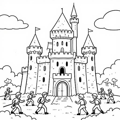 Black-and-white cartoon drawing of six knights charging towards a tall, detailed medieval castle with towers and arches, surrounded by clouds and bushes.
