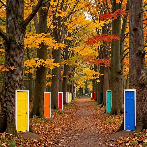 Photograph of a forest path lined with colorful, vertically standing doors (yellow, red, blue, green) amidst vibrant autumn foliage.