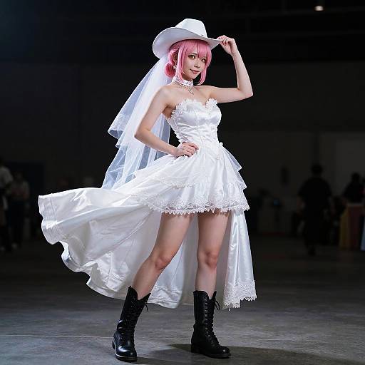 Photograph of a pink-haired woman in a white wedding dress, cowboy boots, and hat, with a flowing veil, posing confidently on a dark stage