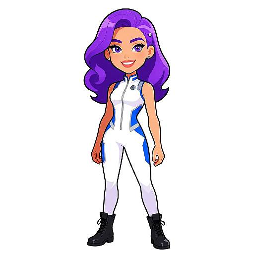 Digital anime-style drawing of a confident young woman with purple hair, wearing a white and blue racing suit, black boots, and smiling. White background.