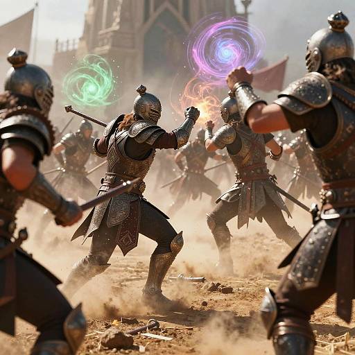 Photorealistic CGI of armored warriors in a dusty, sunlit arena, casting glowing magical spells; two green and one purple. Gothic cathedral in background