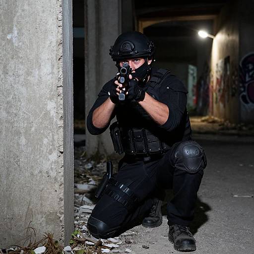 Photograph of a male SWAT officer in black tactical gear, helmet, and gloves, kneeling and aiming a gun in a dimly lit, graffiti-covered