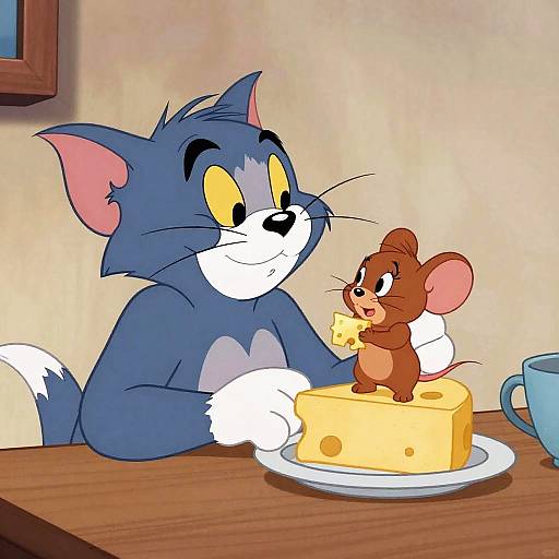 Cartoon image of Tom the blue cat with yellow eyes, sitting at a table, watching a brown mouse standing on a cheese slice holding a piece of