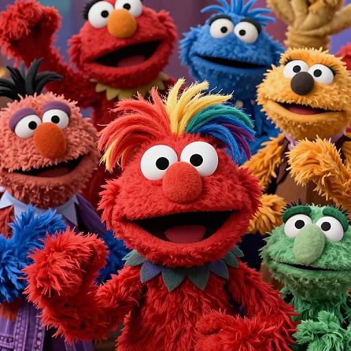 Photograph of colorful, fuzzy Sesame Street-style Muppets, including red, blue, orange, green, and yellow characters with large eyes and