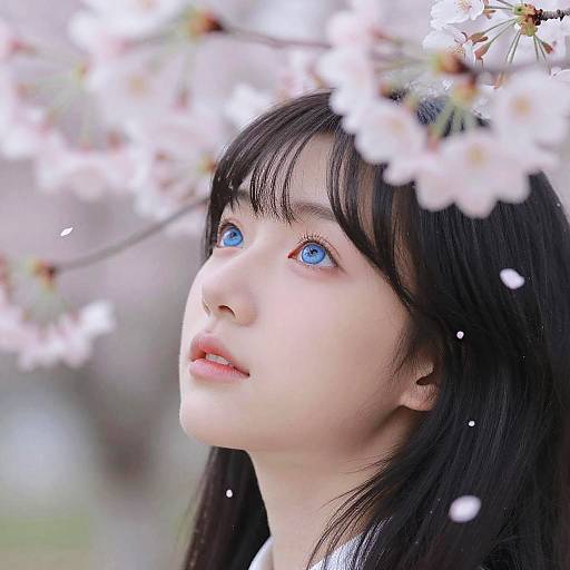 Girl with Blue Eyes and Cherry Blossoms