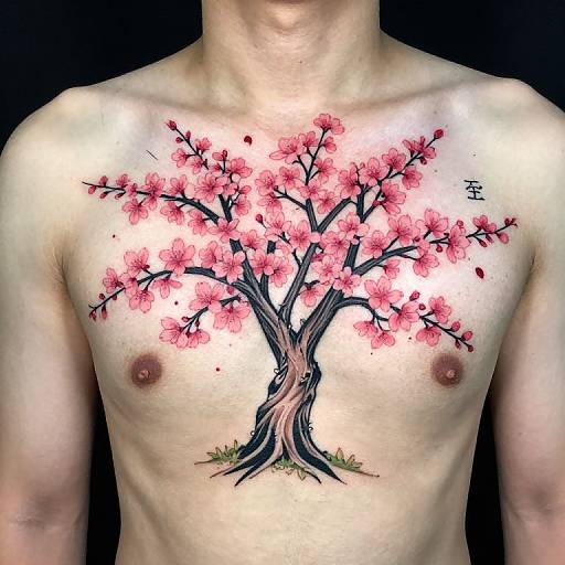 Tattoo of cherry blossom tree with pink flowers and dark branches on a shirtless male chest, set against a black background.