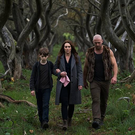 Three People Walking Through Twisted Forest