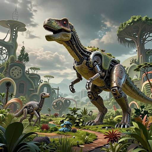 Digital artwork of a futuristic, robotic T-Rex and smaller robotic dinosaur in a vibrant, sci-fi jungle with glowing, futuristic buildings.