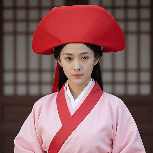 Photograph of an East Asian woman in traditional white kimono with red sash and red hat, standing against a grid-patterned wooden background.
