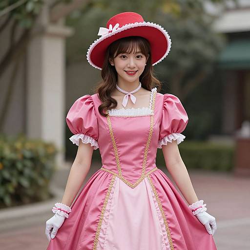 Photograph of an East Asian woman in a pink, puffy-sleeved, Victorian-style dress with white trim, red hat, white gloves,