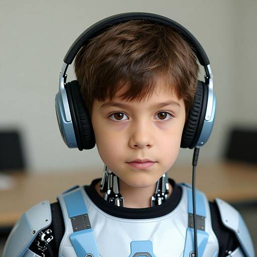 Photograph of a young boy with brown hair and brown eyes, wearing a futuristic silver robotic suit and black headphones, in a blurred indoor setting.